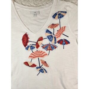 J Jill White Embroidered Umbrellas V‎ Neck T Shirt Top Small Cotton vacation 38